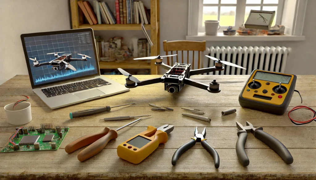 Drone Troubleshooting Drone pilot conducting a hover test in a controlled environment to ensure stability