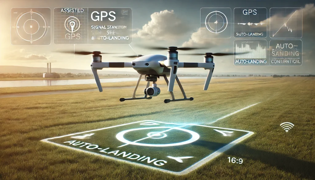 Drone performing an assisted landing with GPS and auto-landing features.