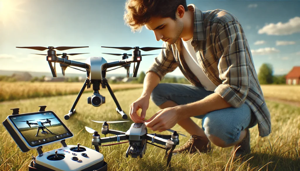 Drone pilot performing basic checks on battery and propellers before takeoff.