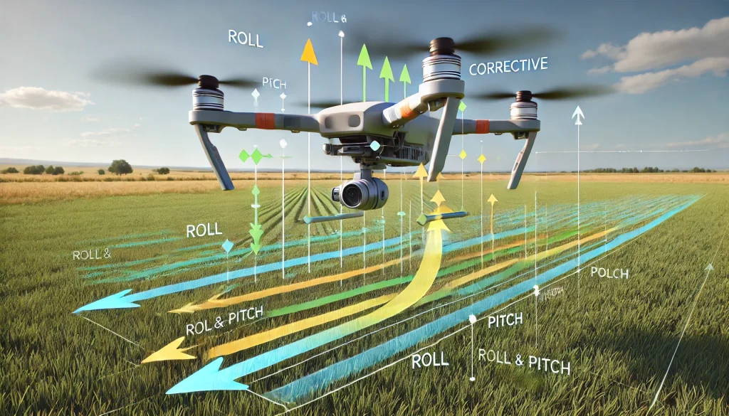 Correcting drone drift during descent using roll and pitch controls for precise alignment.