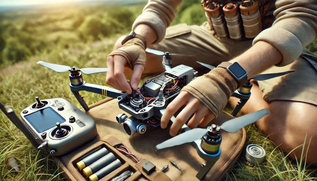 Drone operator performing post-flight inspection