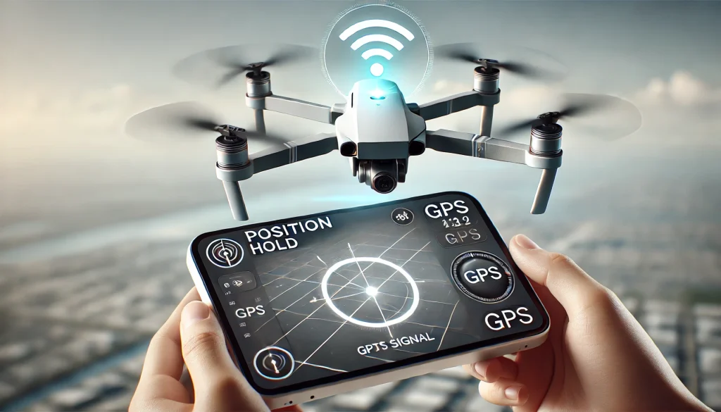 Drone hovering with GPS-enabled position hold for precise stability.