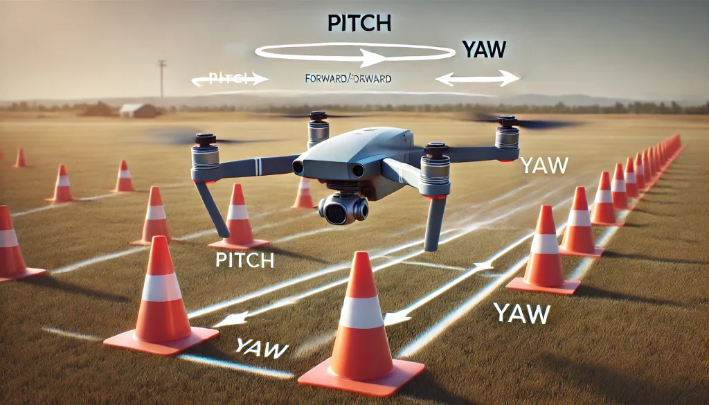 Basic drone navigation combining pitch, yaw, and throttle for precise movement.