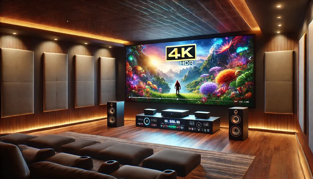 A 4K HDR movie with vibrant visuals playing on a projector screen