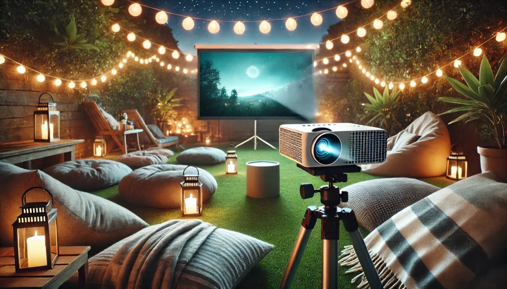 An outdoor movie night setup with a mini projector on a tripod and a portable screen.